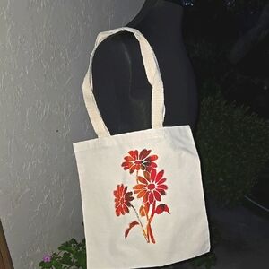 Floral Canvas Tote Bag - Cream with Red Flowers